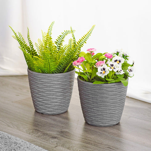Plastic Plant Pot with Wave Design 18cm Grey - Set of 2